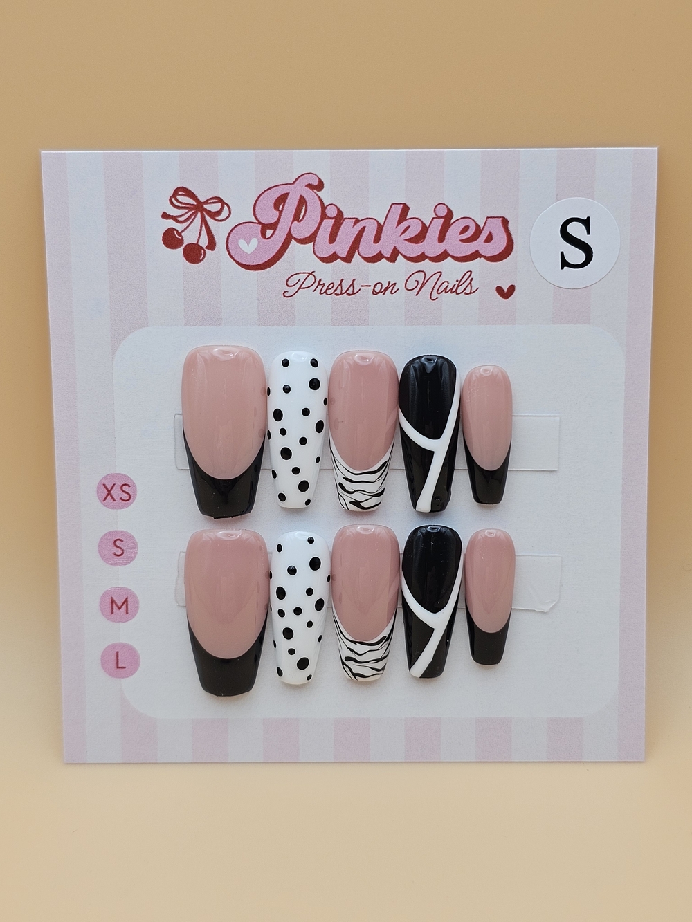 Press-on Nails Set 10pc Size S Coffin Black White Polka Dots Zebra Abstract